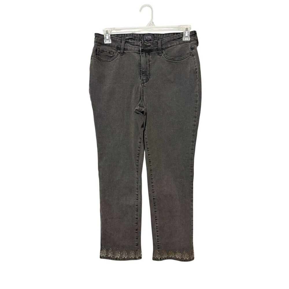 NYDJ Sheri Slim Ankle Jeans Gray Embellished Hem Lift Tuck Size 10